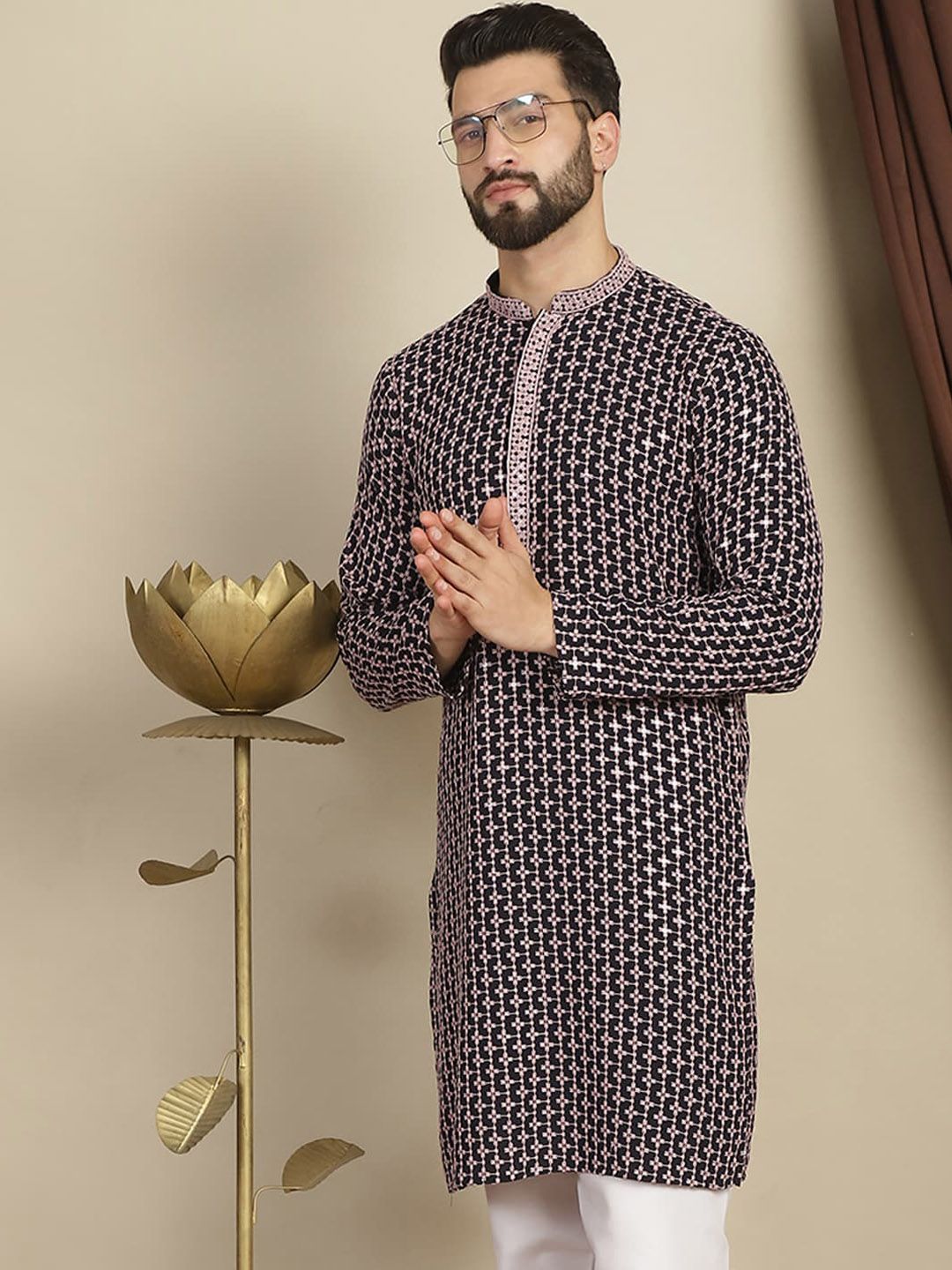 Anouk Geometric Printed Mandarin Collar Long Sleeves Thread Work Kurta