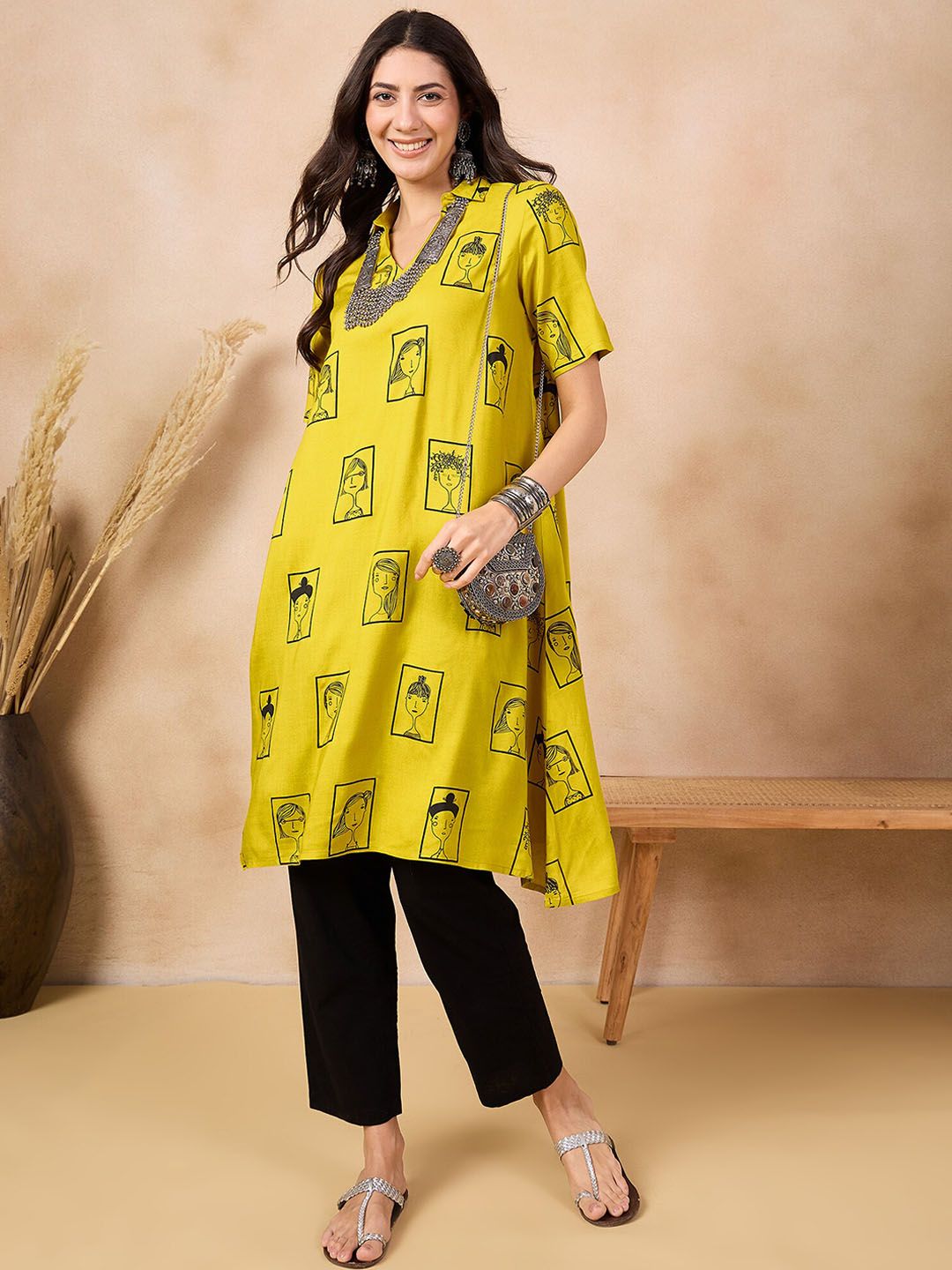 Anouk Mustard Yellow Ethnic Motifs Dicetak Shirt Collar A-Line Kurta