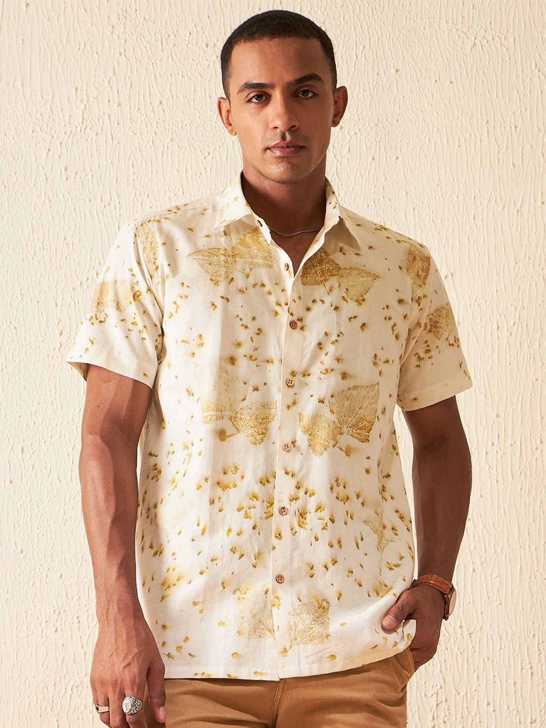 DENNISON Smart Fit Printed Spread Collar Hemp Casual Shirt