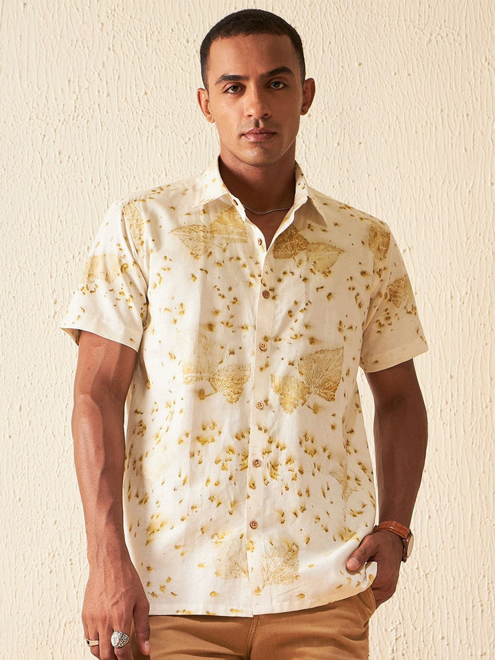 DENNISON Smart Fit Printed Spread Collar Hemp Casual Shirt