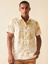 DENNISON Smart Fit Printed Spread Collar Hemp Casual Shirt