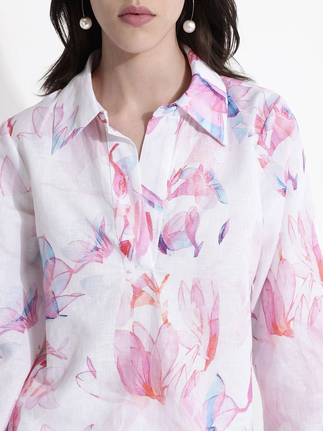 RAREISM Floral Printed Shirt Collar Cotton Top