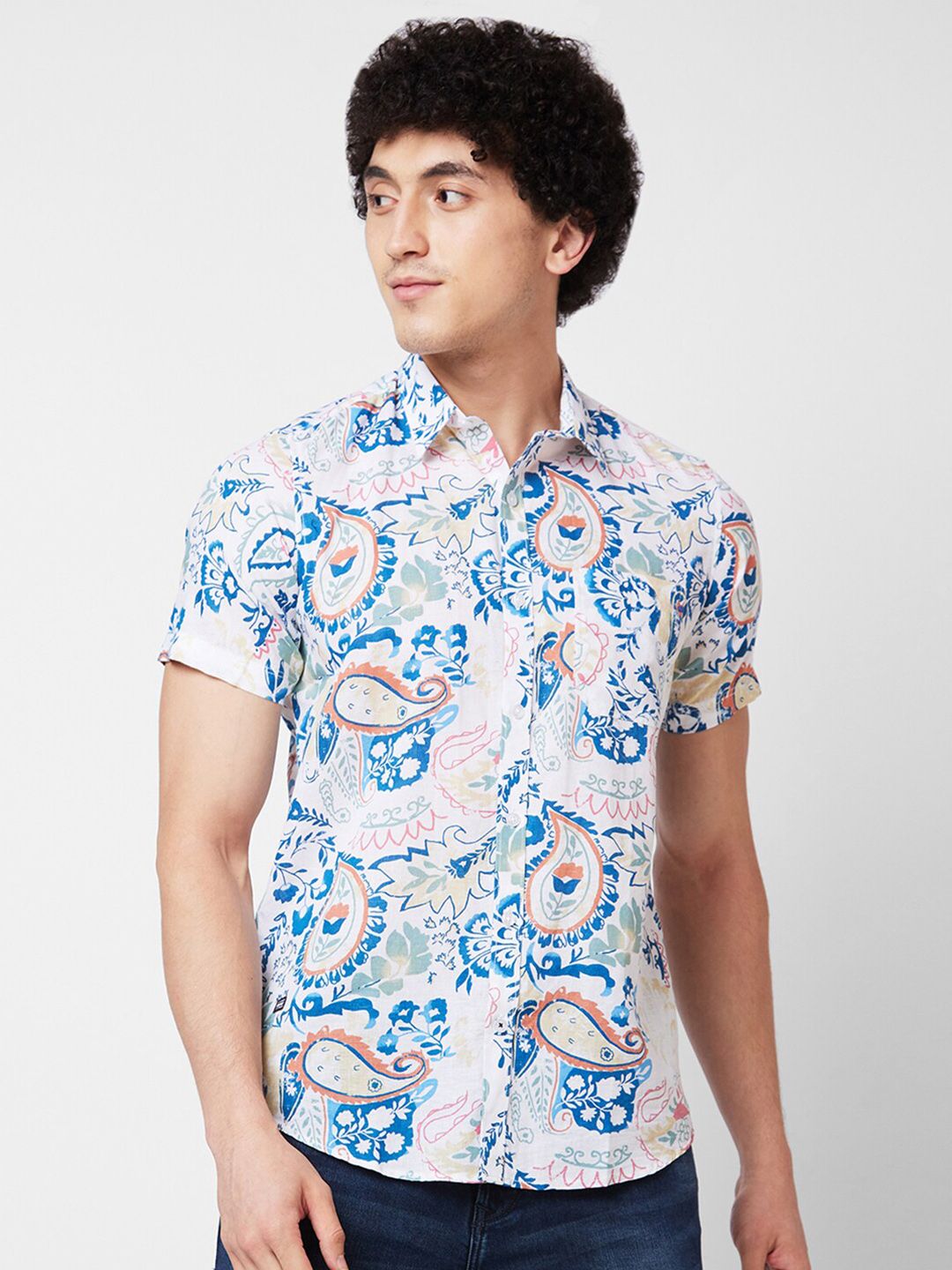 SPYKAR Spread Collar Short Sleeves Floral Printed Cotton Casual Shirt