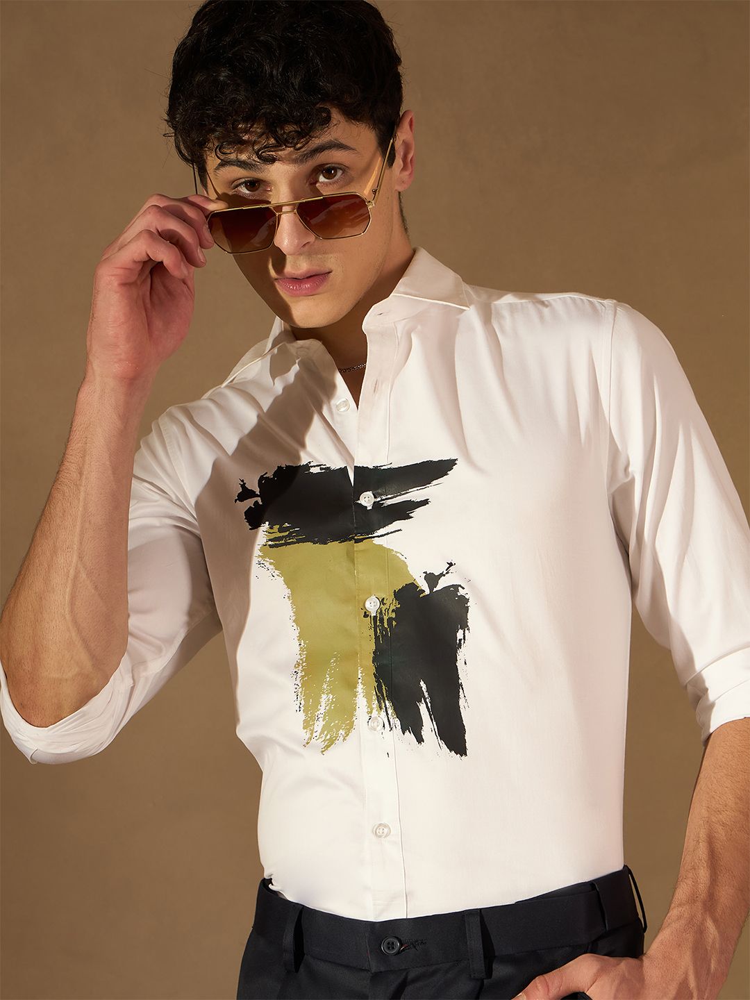 DENNISON Smart Abstract Printed Spread Collar Long Sleeve Cotton Shirt