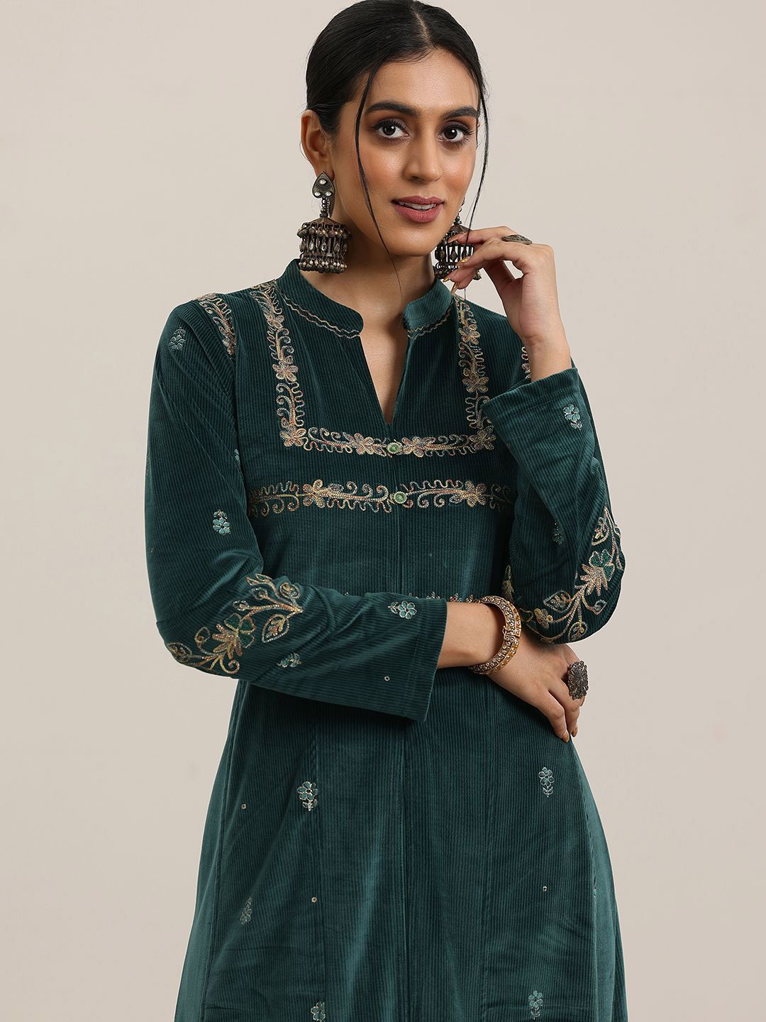 Libas Floral Embroidered Mandarin Collar Velvet Kurta With Trousers & Dupatta