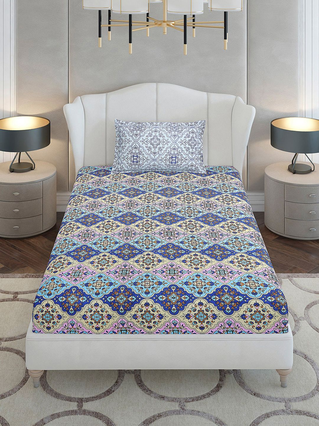 Monte Carlo Blue Ethnic Motifs Printed Cotton 144 TC Single Bedsheet Set 2.29 x 1.52 m