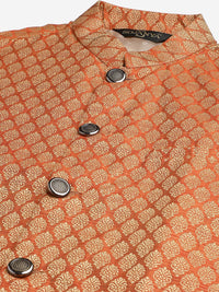 SOJANYA Men Rust Orange & Off-White Jacquard Kurta with Churidar & Nehru Jacket