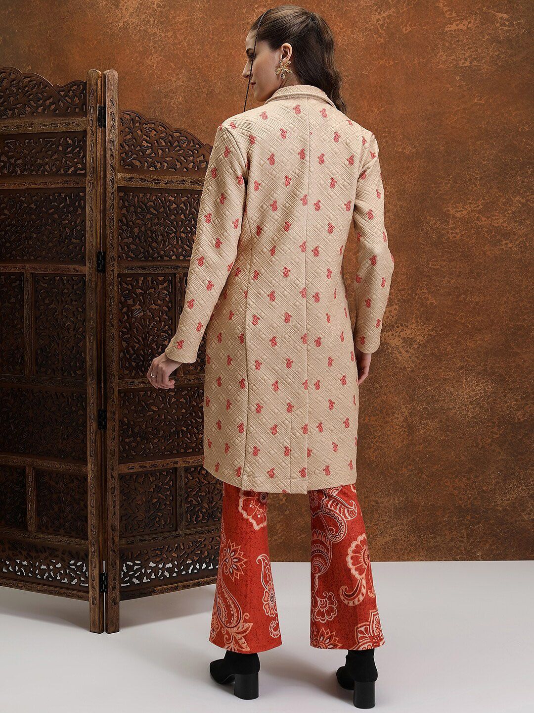Vishudh Beige Floral Longline Biker Jacket