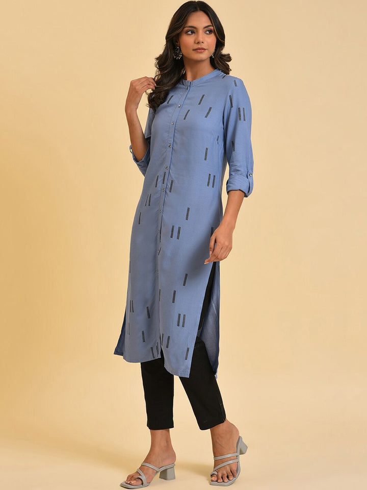 W Blue & Black Mandarin Collar Geometric Printed Kurta with Trousers