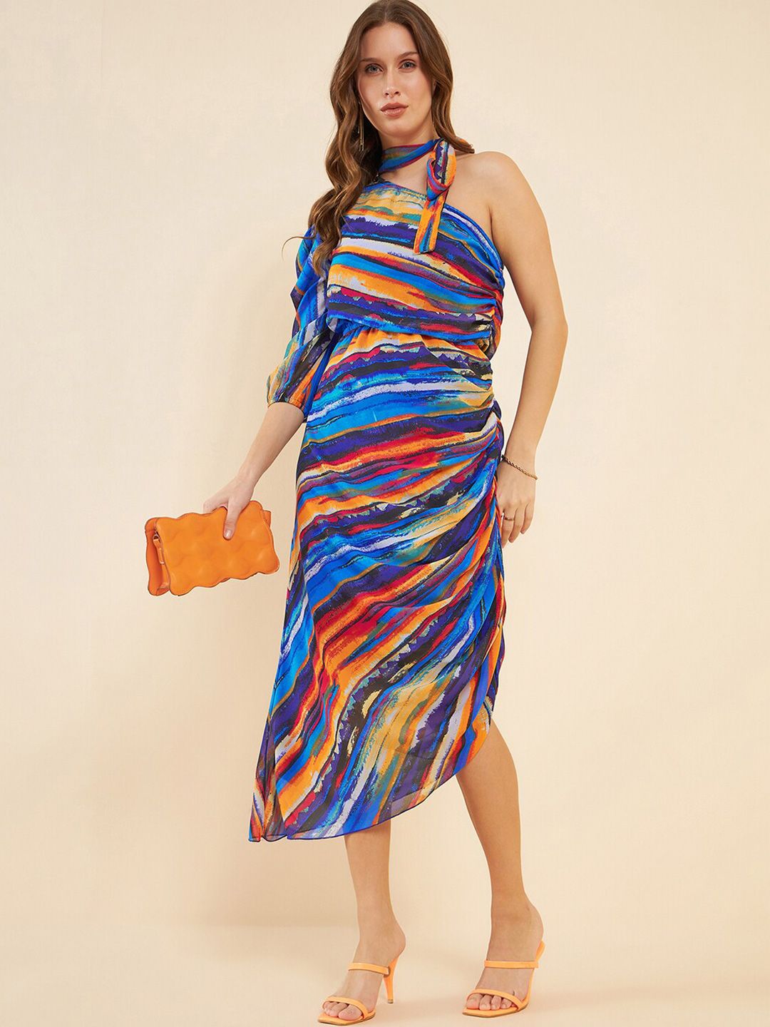 Antheaa Blue Abstract Printed One Shoulder Puff Sleeves Ruched Georgette A-Line Midi Dress
