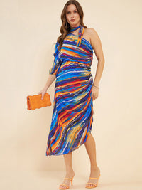 Antheaa Blue Abstract Printed One Shoulder Puff Sleeves Ruched Georgette A-Line Midi Dress