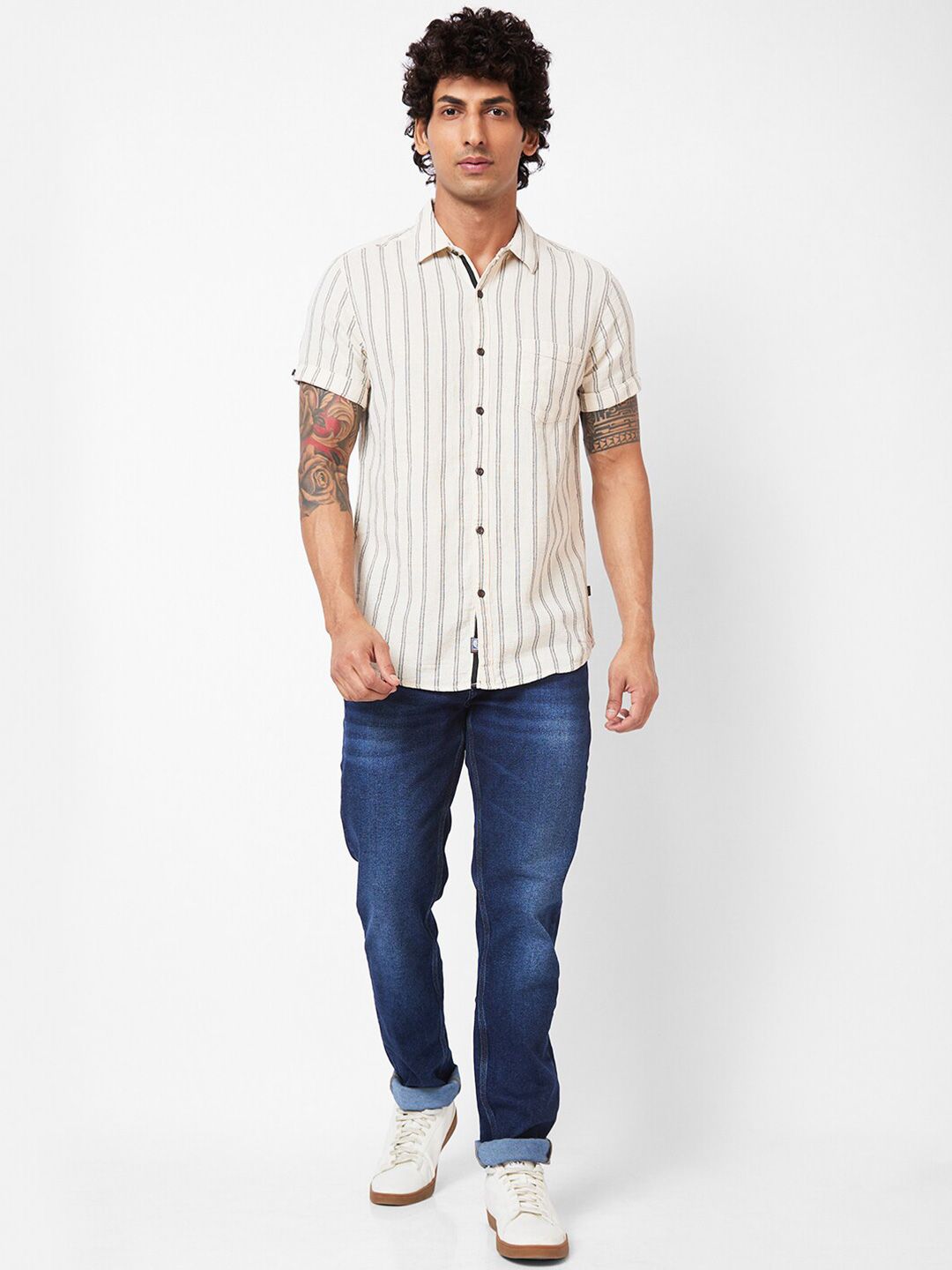 SPYKAR Slim Fit Striped Spread Collar Short Sleeves Casual Shirt