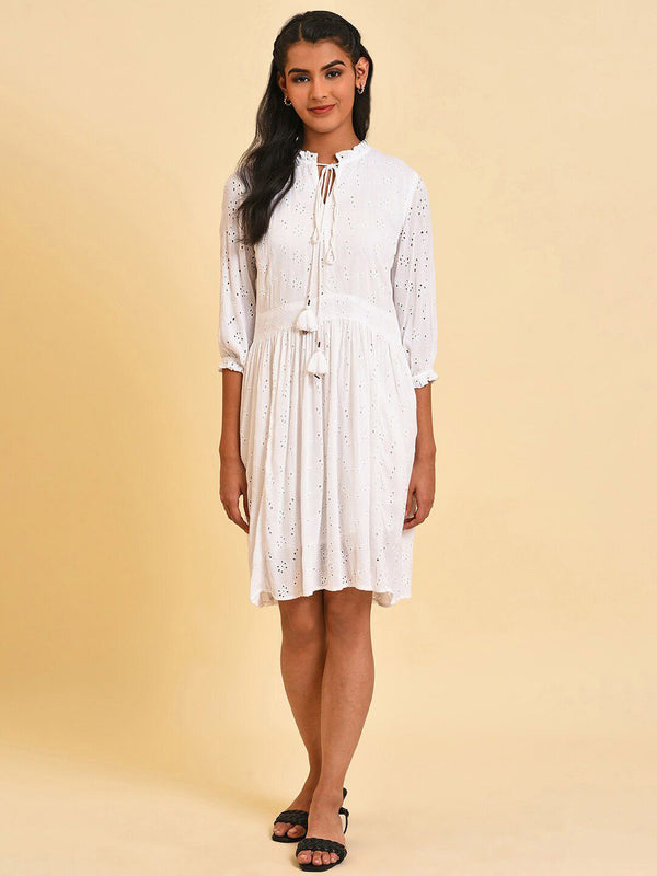 W Self Design Tie-Up Neck Schiffli Fit & Flare Dress