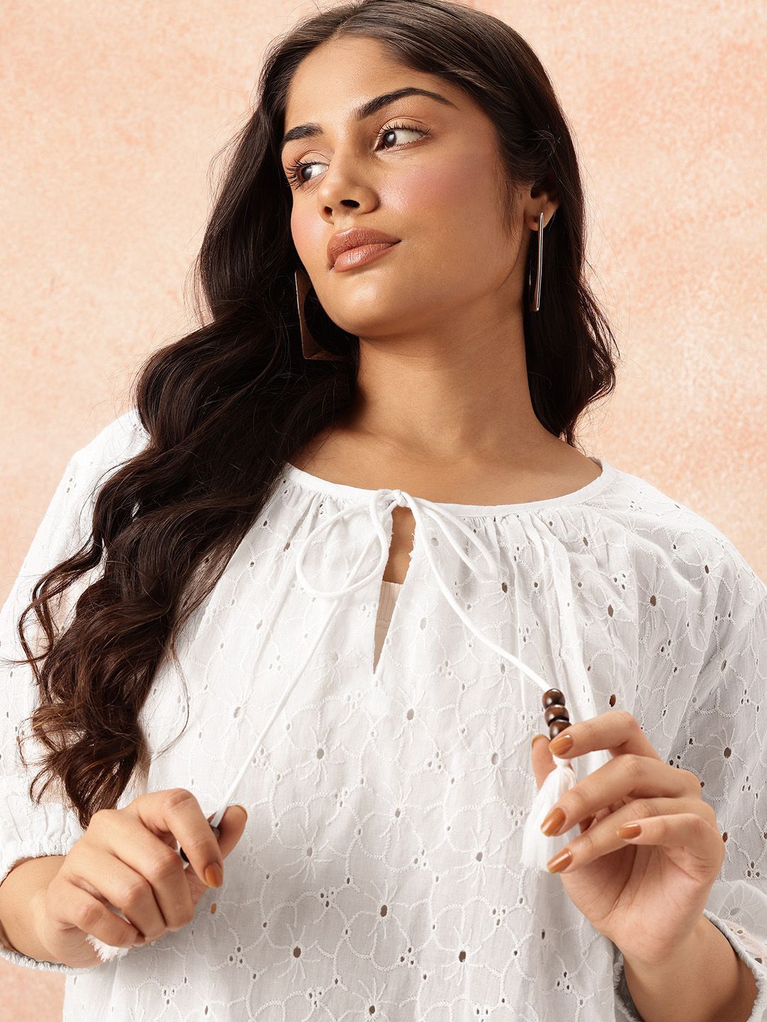 all about you Plus Size Floral Tie-Up Neck Pure Cotton Top