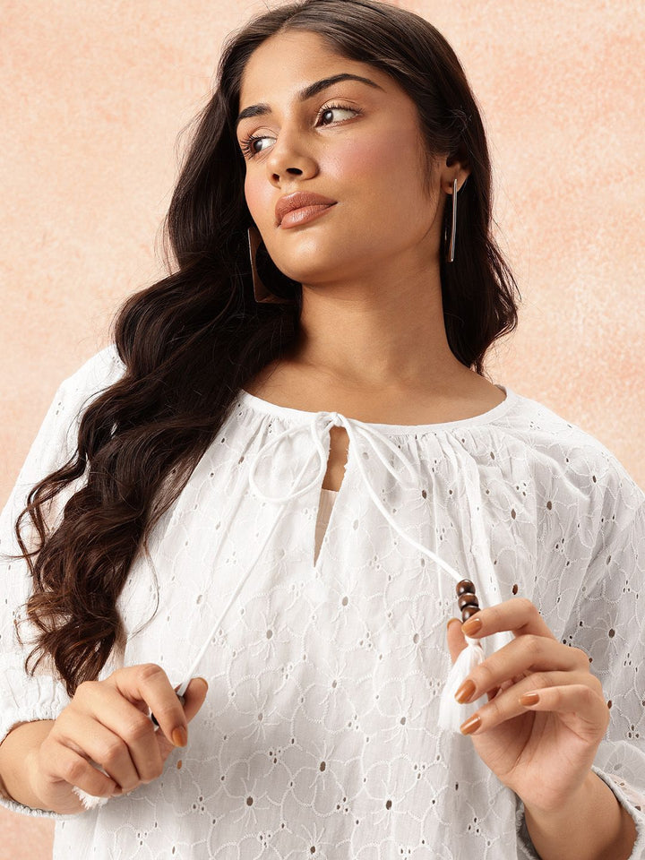 all about you Plus Size Floral Tie-Up Neck Pure Cotton Top