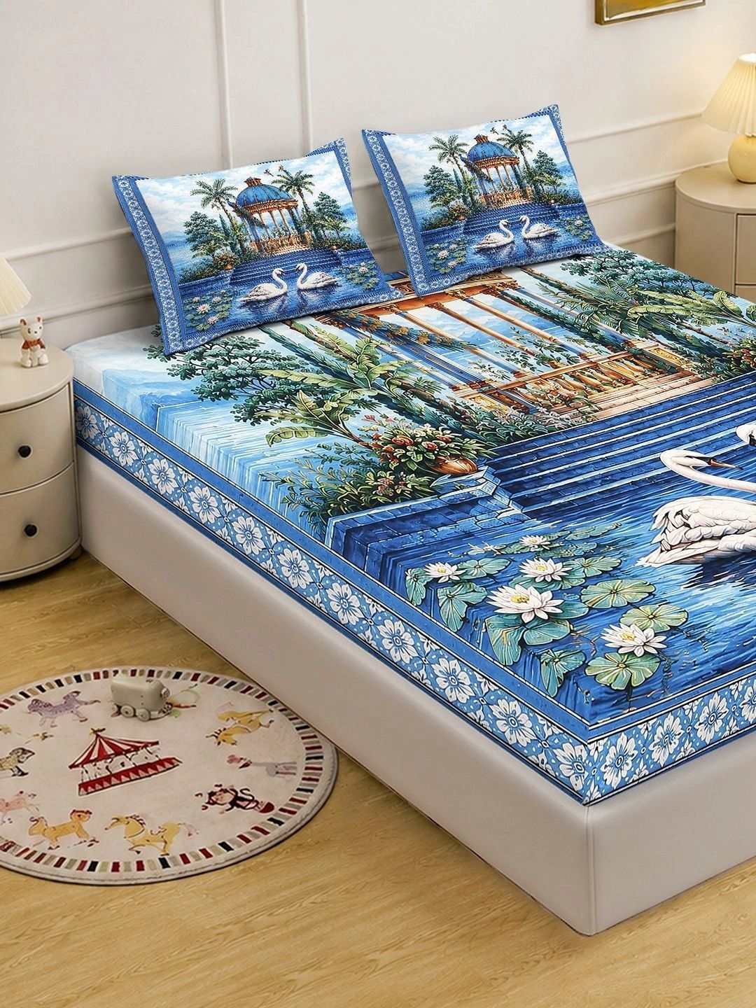 KLOTTHE Blue & White Floral Printed 400 TC King Bedsheet with 2 Pillow Covers