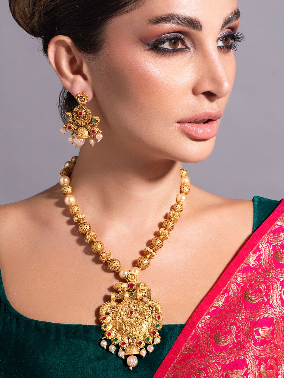 Rubans 24K Gold Plated Ruby & Emerald Stones and Pearl & Golden  Beads Temple Jewelry Set