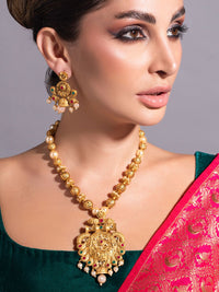 Rubans 24K Gold Plated Ruby & Emerald Stones and Pearl & Golden  Beads Temple Jewelry Set