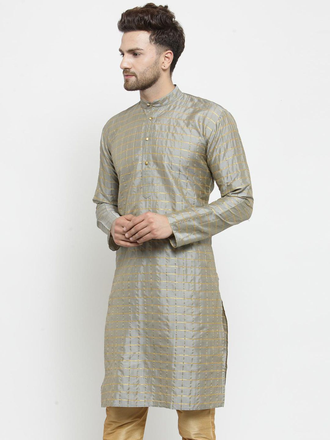 SOJANYA Men Grey & Gold-Toned Checked Straight Kurta