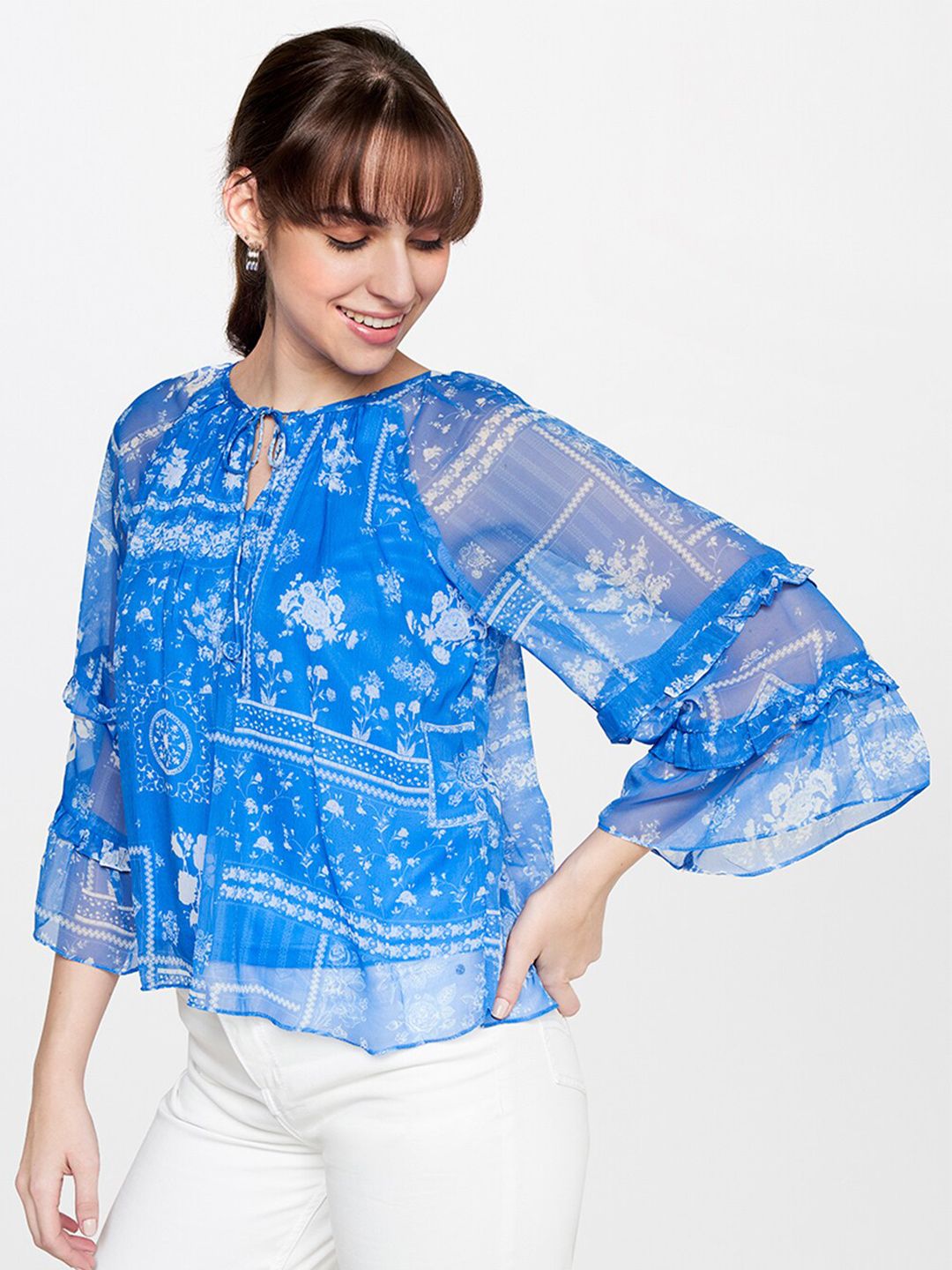 AND Floral Printed Tie-Up Neck Flared Sleeves Top