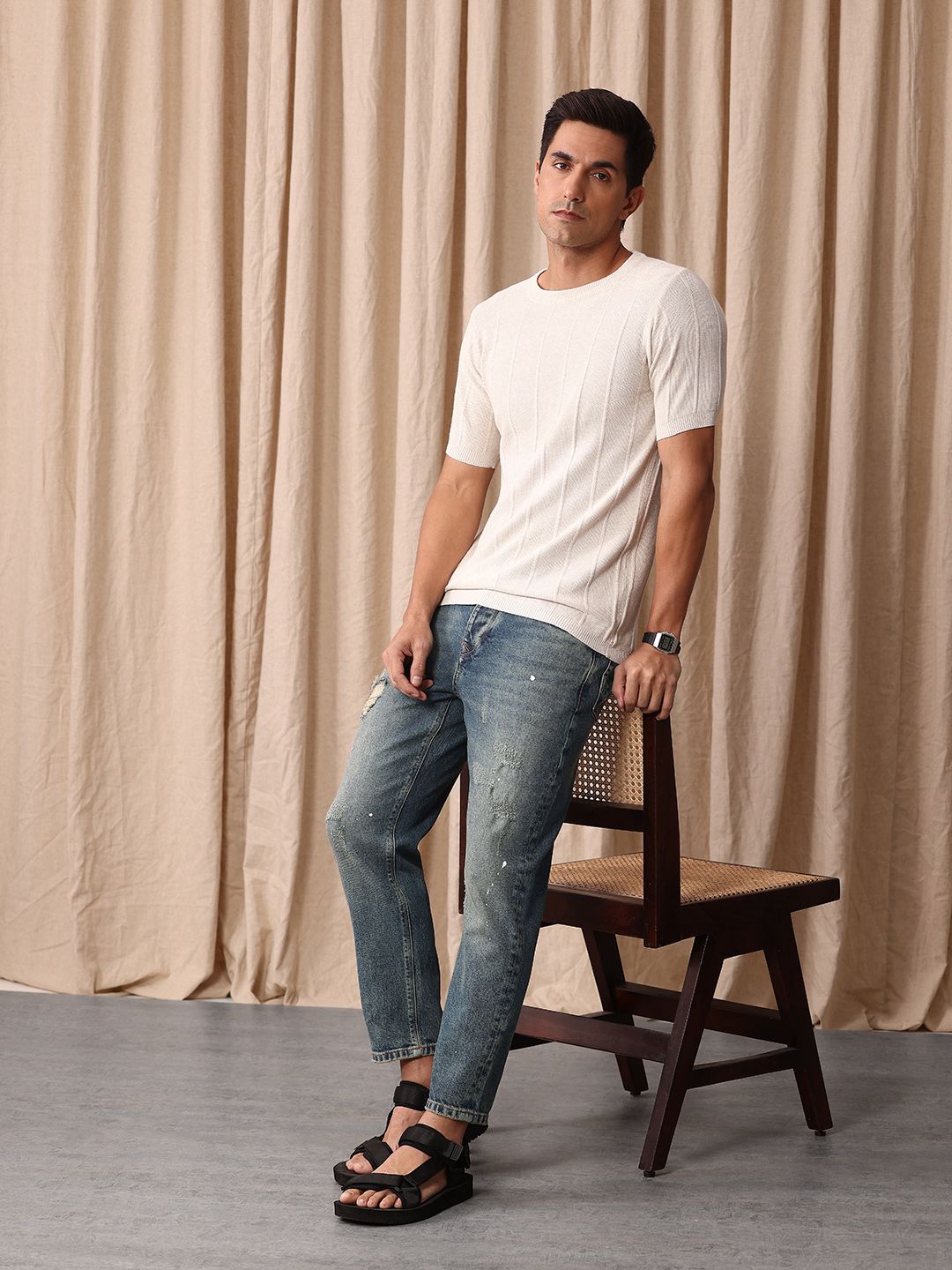 Mr Bowerbird Men Tapered Fit Mid-Rise Low Distress Heavy Fade Cropped Stretchable Jeans
