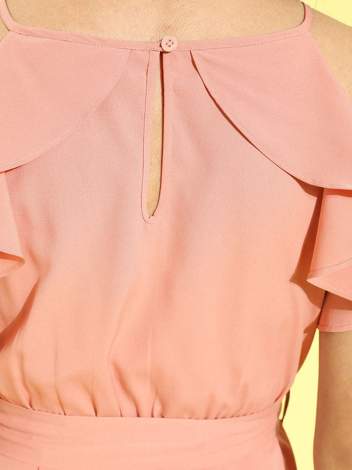 Berrylush Pink Solid Ruffle Detail Dress