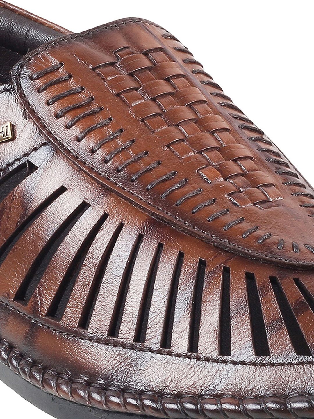 Mochi Men Textured Leather Shoe-Style Sandals With Laser Cuts