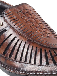 Mochi Men Textured Leather Shoe-Style Sandals With Laser Cuts