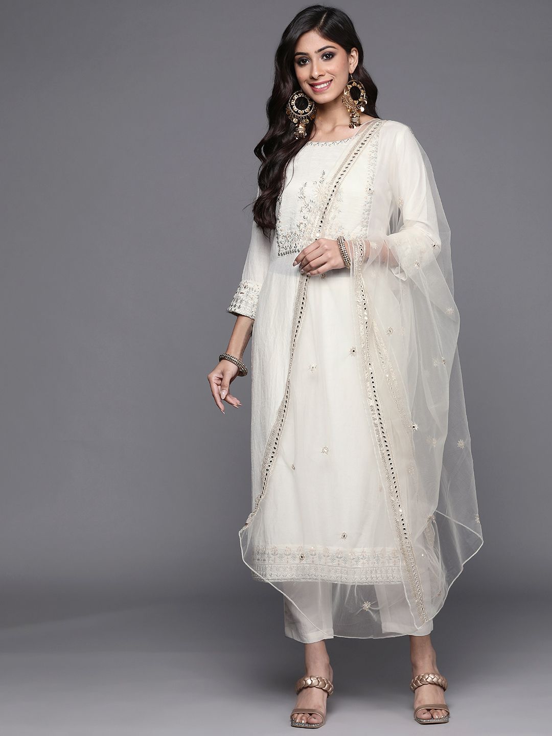 Indo Era Women White Ethnic Motifs Embroidered Kurta with Trousers & With Dupatta