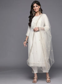 Indo Era Women White Ethnic Motifs Embroidered Kurta with Trousers & With Dupatta