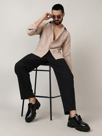 Campus Sutra Beige Classic Geometric Self Design Spread Collar Casual Shirt