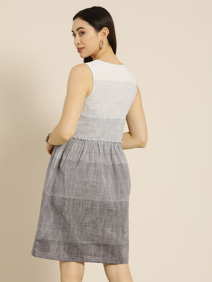 ether Kora Collection Women White & Grey Striped Handloom Sustainable A-line Dress