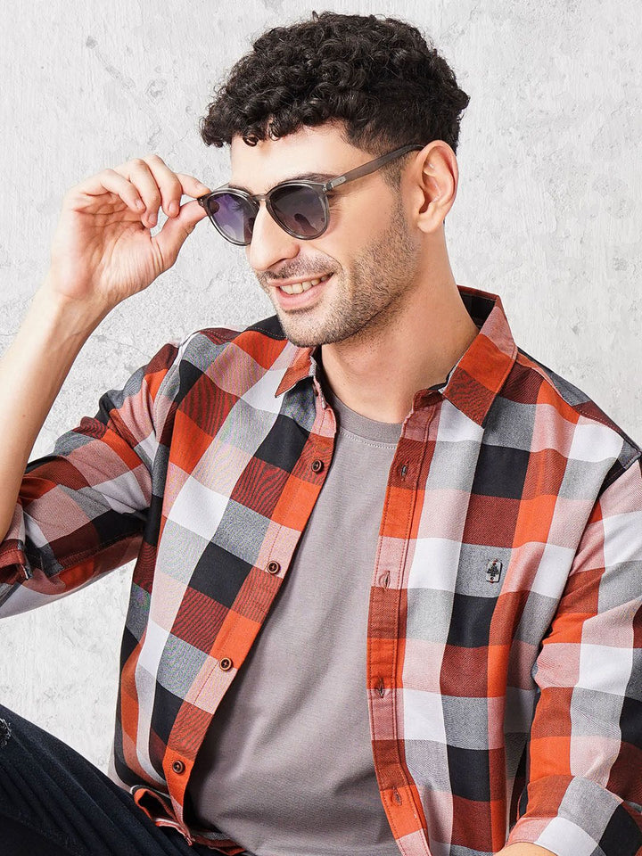 The Indian Garage Co Men Rust Red & Black Checked Pure Cotton Casual Shirt