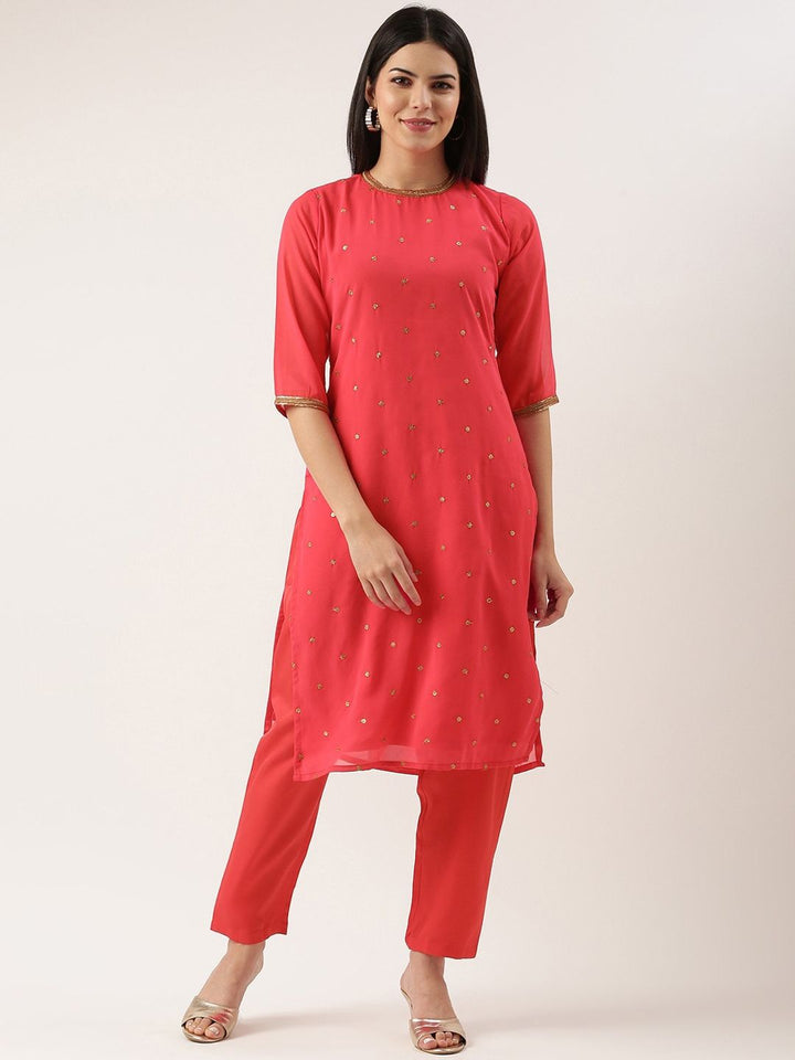 KALINI Round Neck Ethnic Motifs Regular Sequinned Kurta with Trousers