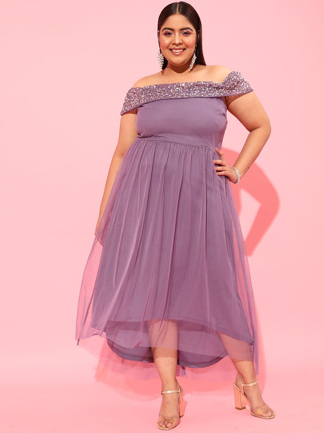 CURVY STREET Lavender Plus Size Off-Shoulder Net Dress