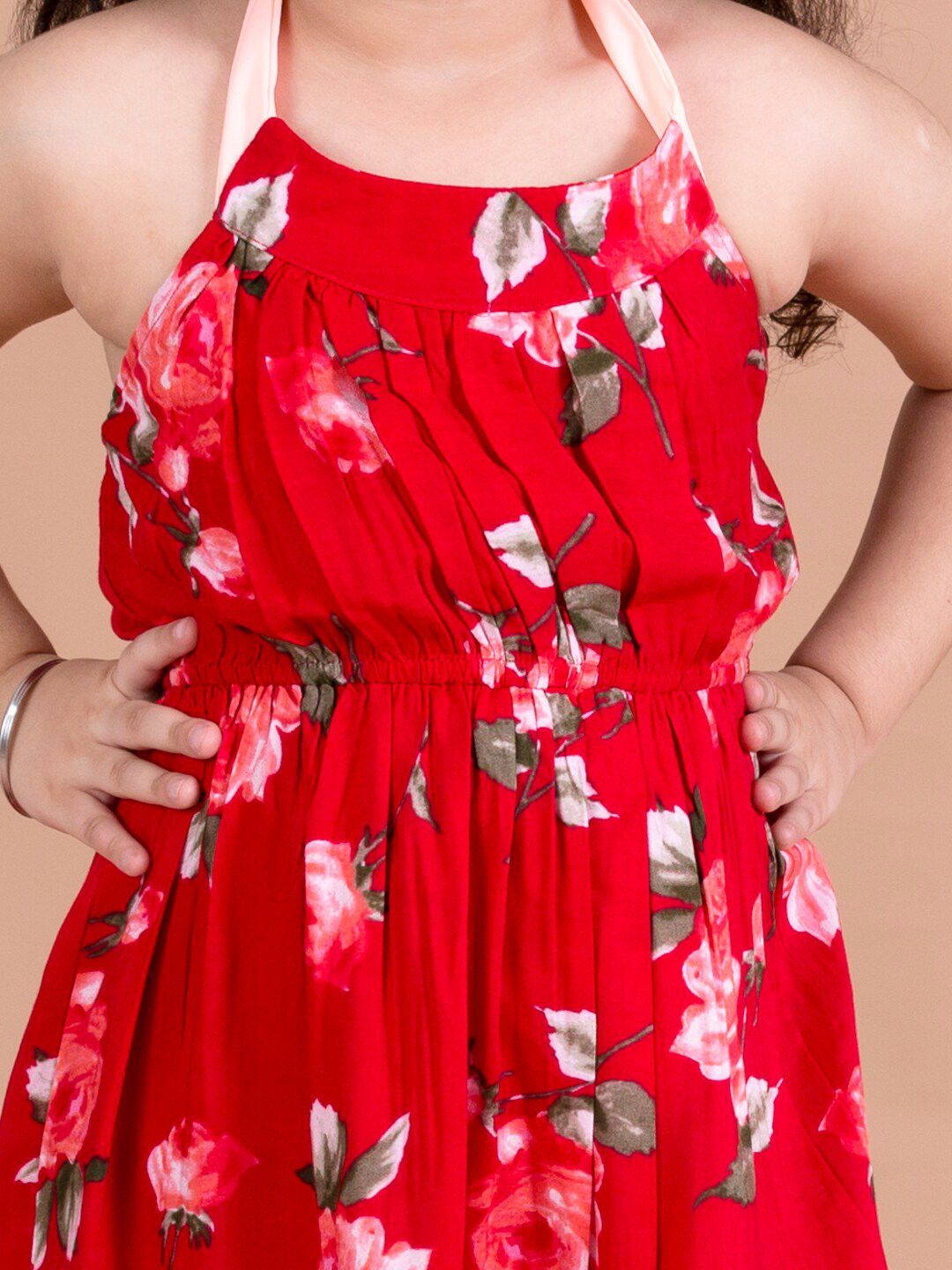 pspeaches Girls Red Floral Halter Neck Dress