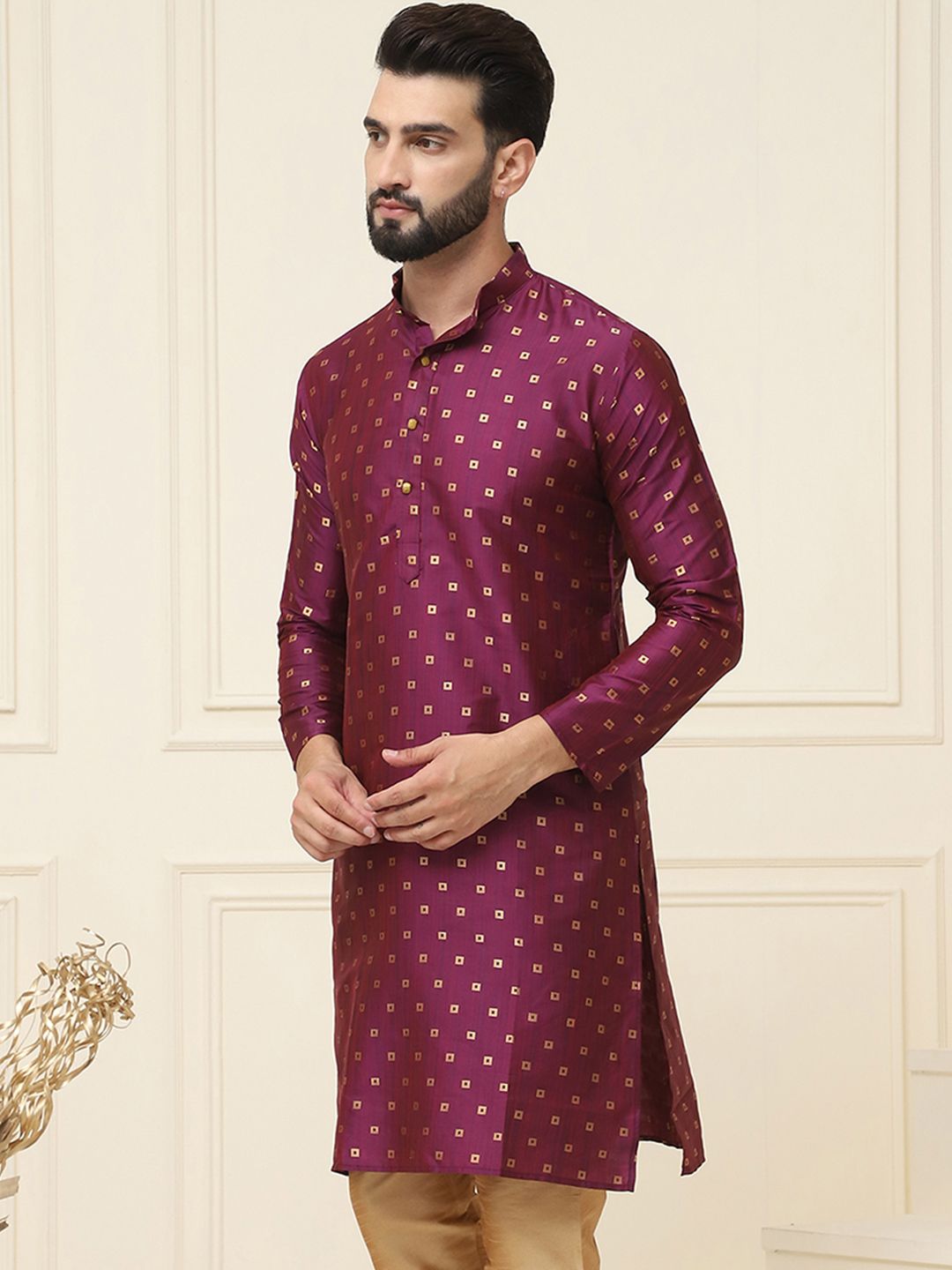 SOJANYA Lelaki Tenunan Design Jacquard Straight Kurta