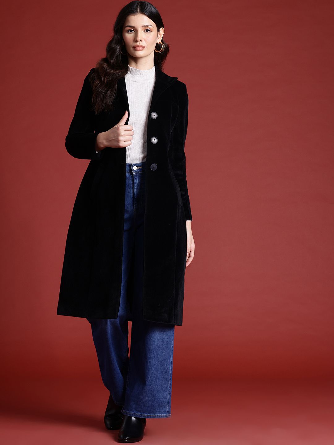 all about you Velvet Finish Stand Collar Longline Overcoat