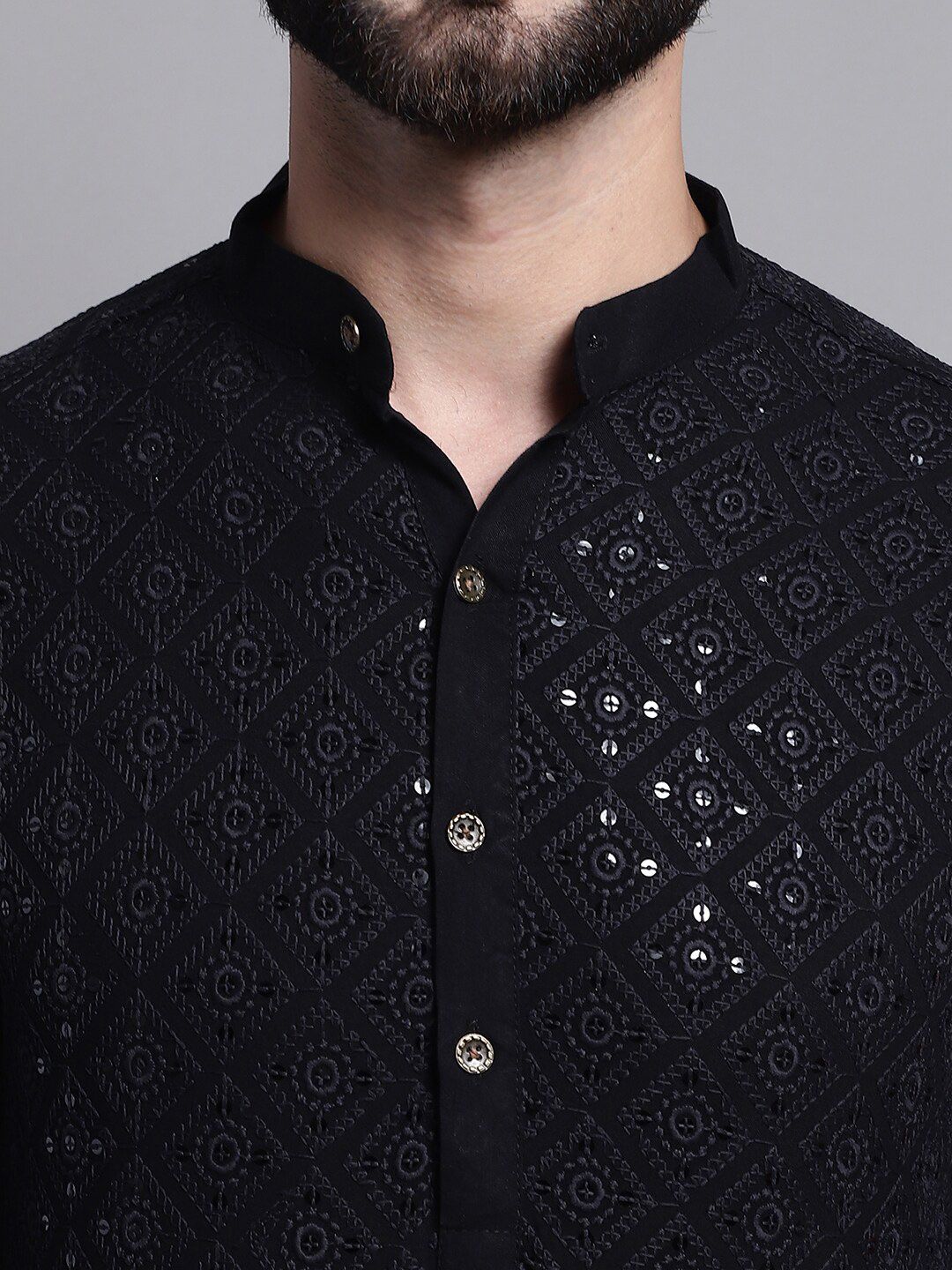 SOJANYA Geometric Embroidered Sequence Mandarin Collar Pure Cotton Kurta