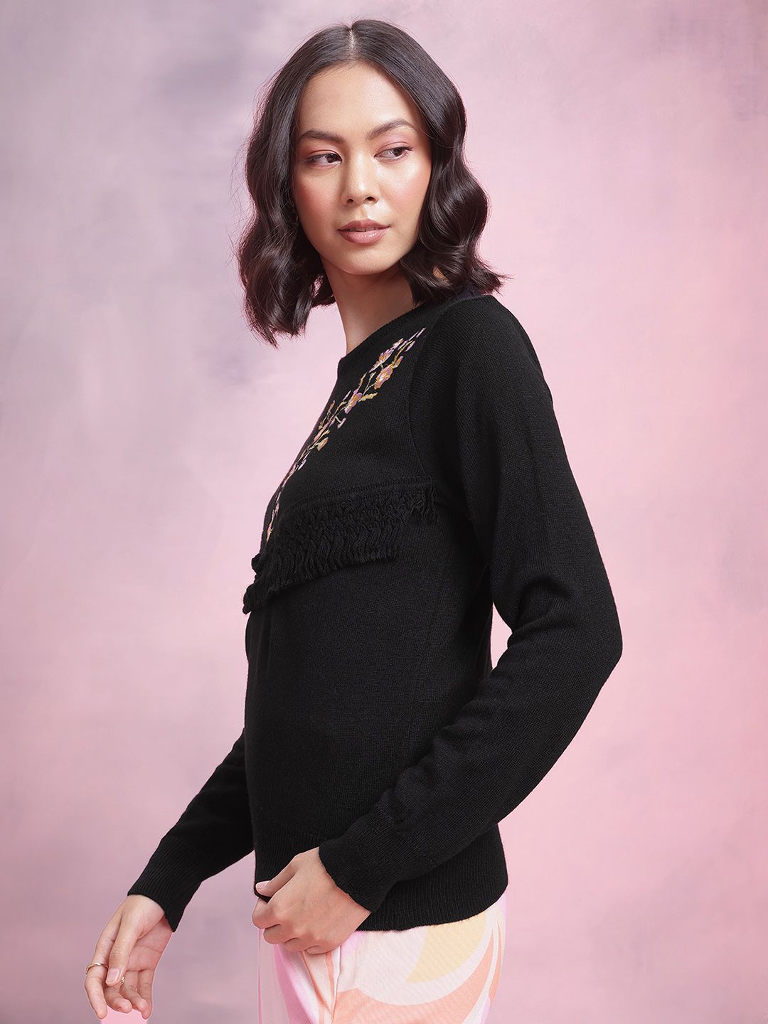 DressBerry Acrylic Floral Embroidered Pullover with Fringed Detail