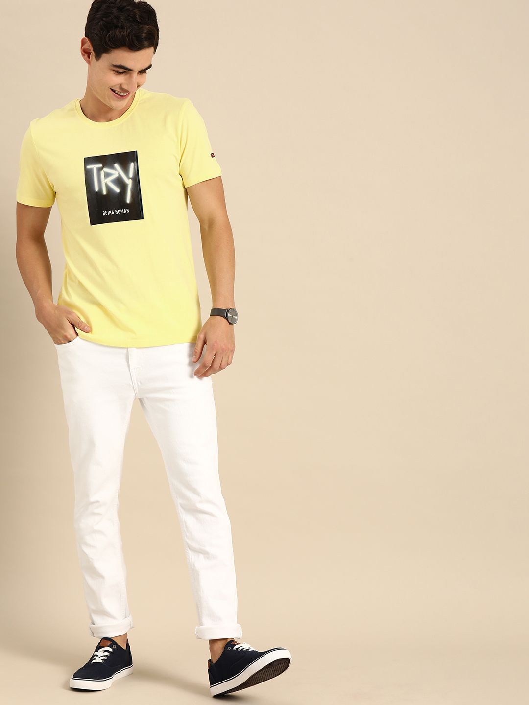 Being Human Clothing Men Yellow Brand Logo Printed Round Neck Pure Cotton T-shirt