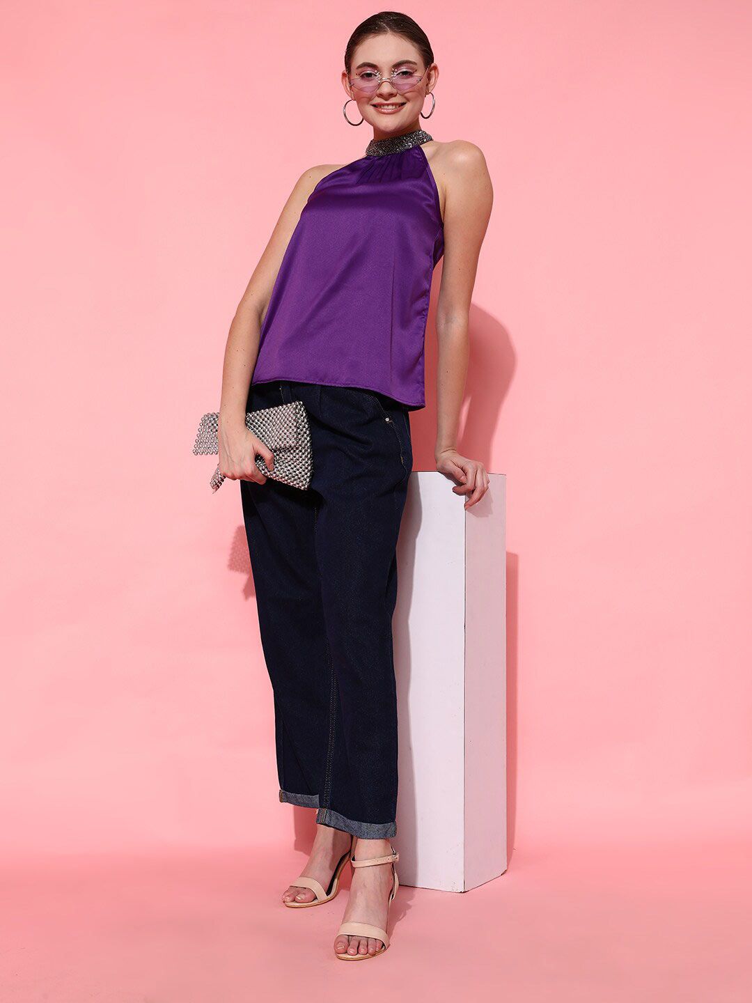 STREET 9 Purple Embellished Halter Neck Styled Back Top