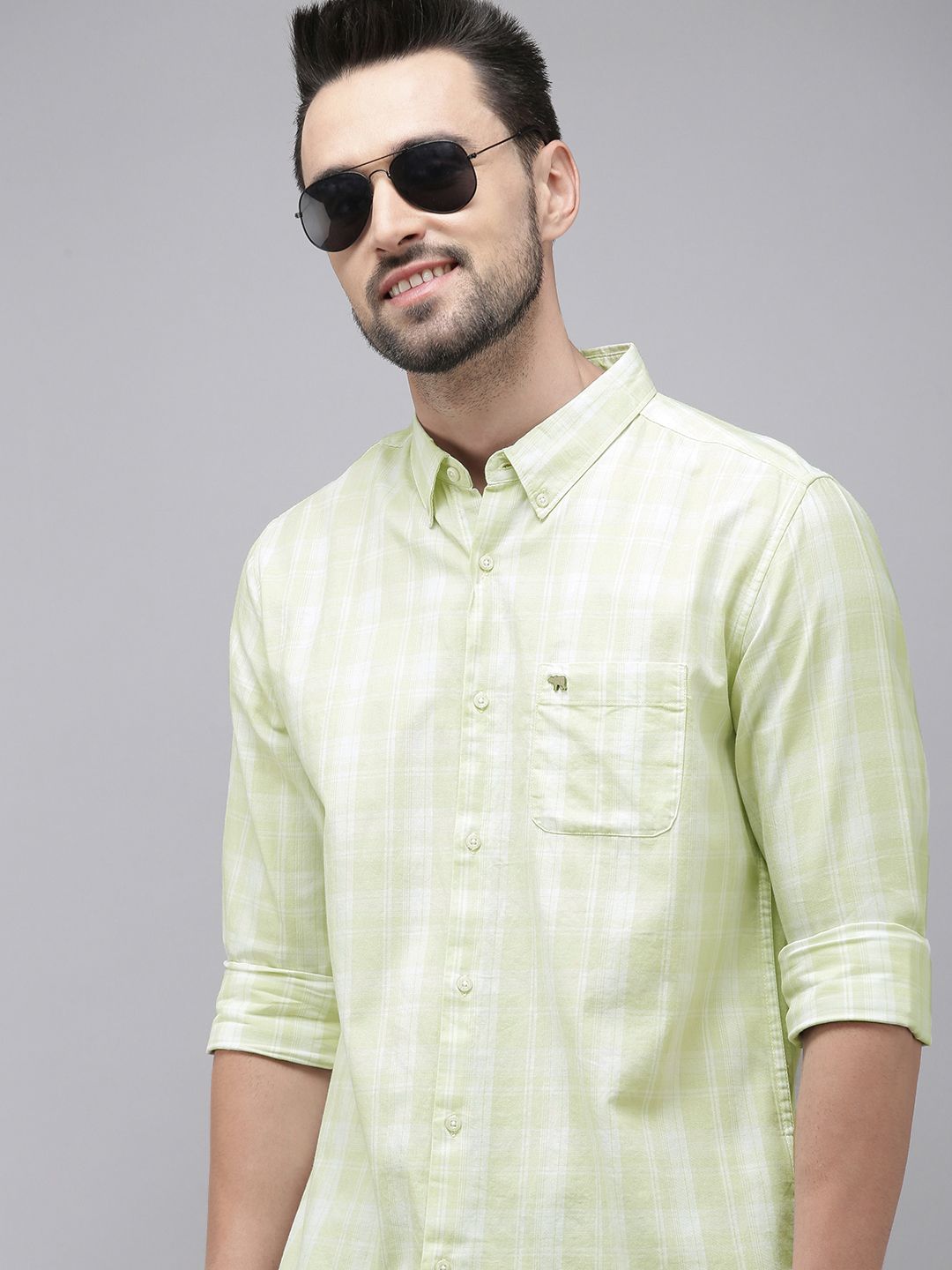 THE BEAR HOUSE Men Green Slim Fit Tartan Checks Checked Casual Shirt