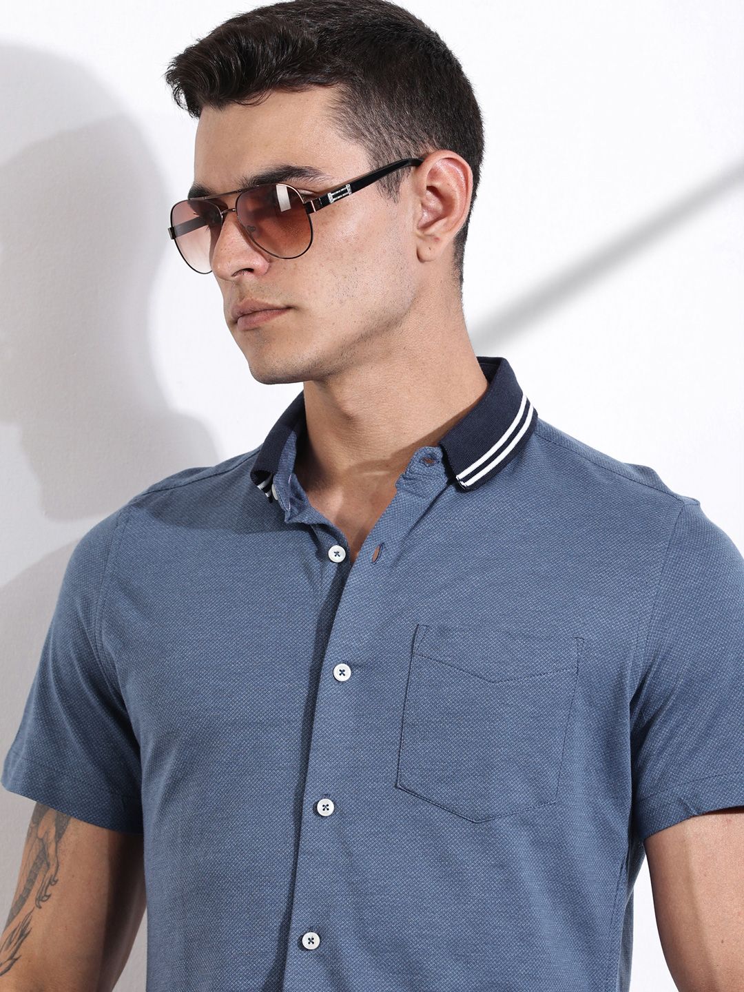 Thomas Scott Men Classic Slim Fit Spread Collar Solid Cotton Knitted Shirt