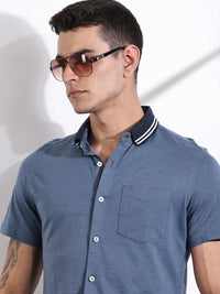 Thomas Scott Men Classic Slim Fit Spread Collar Solid Cotton Knitted Shirt