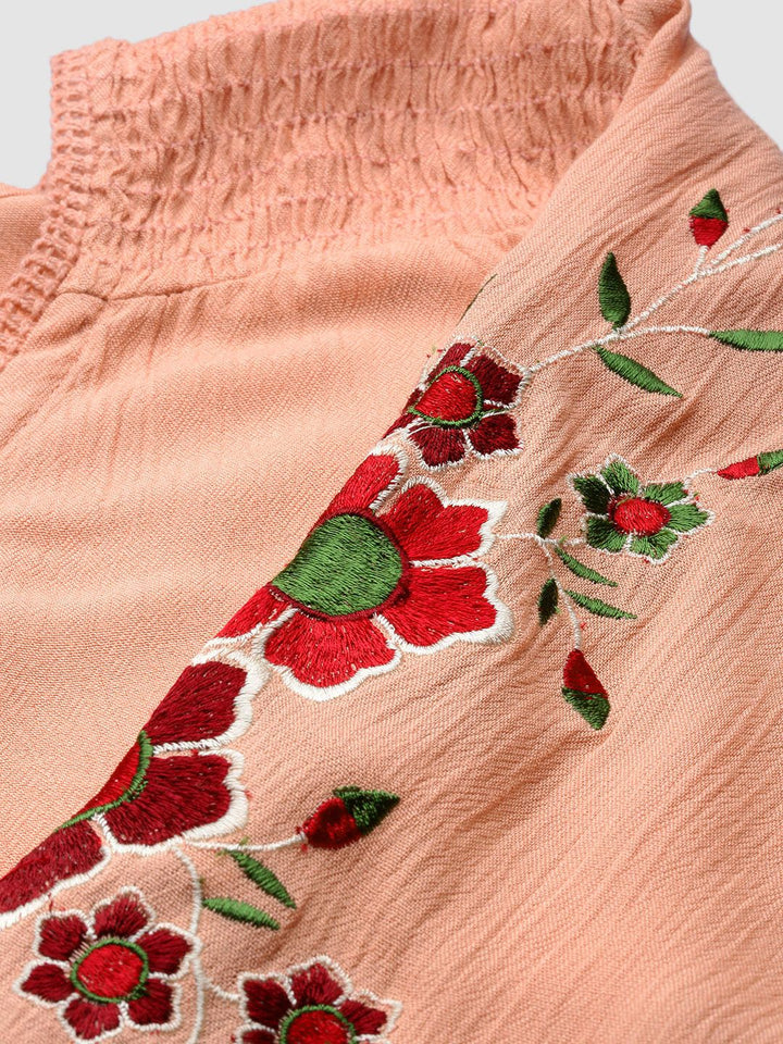 all about you Coral Pink Regular Top With Embroidery