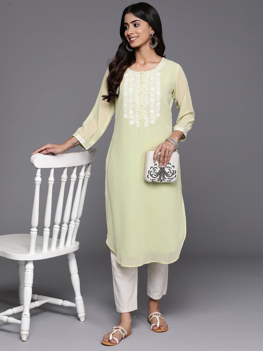 Libas Floral Embroidered Thread Work Pastel Pure Georgette Kurta
