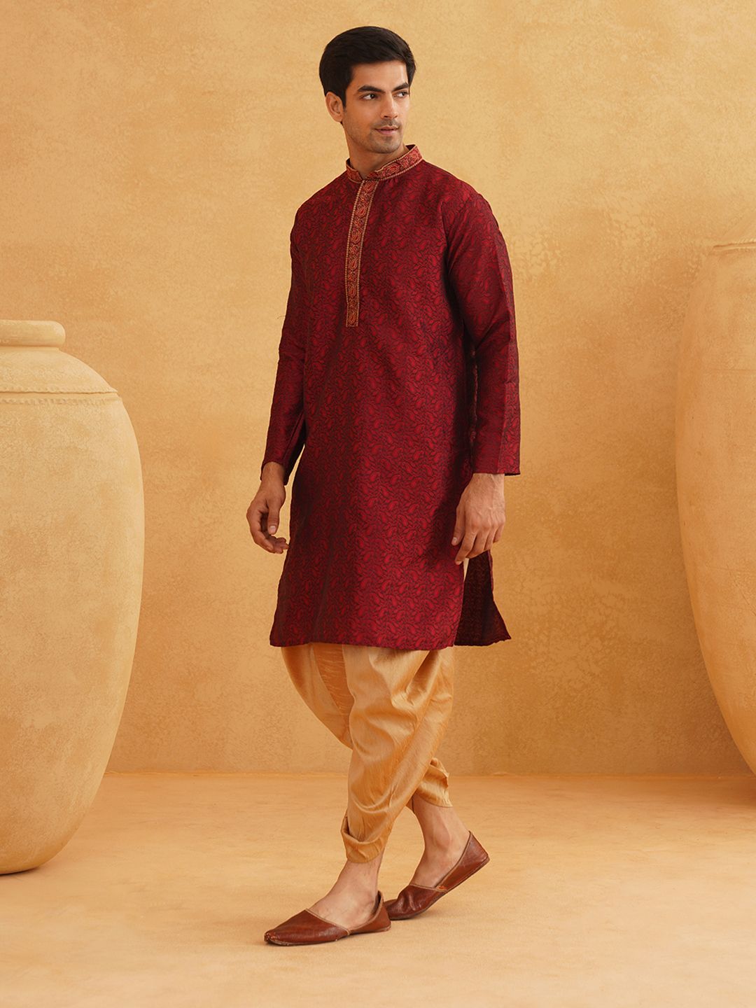SOJANYA Men Maroon & Gold-Toned Self Design Kurta with Dhoti Pants
