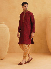 SOJANYA Men Maroon & Gold-Toned Self Design Kurta with Dhoti Pants