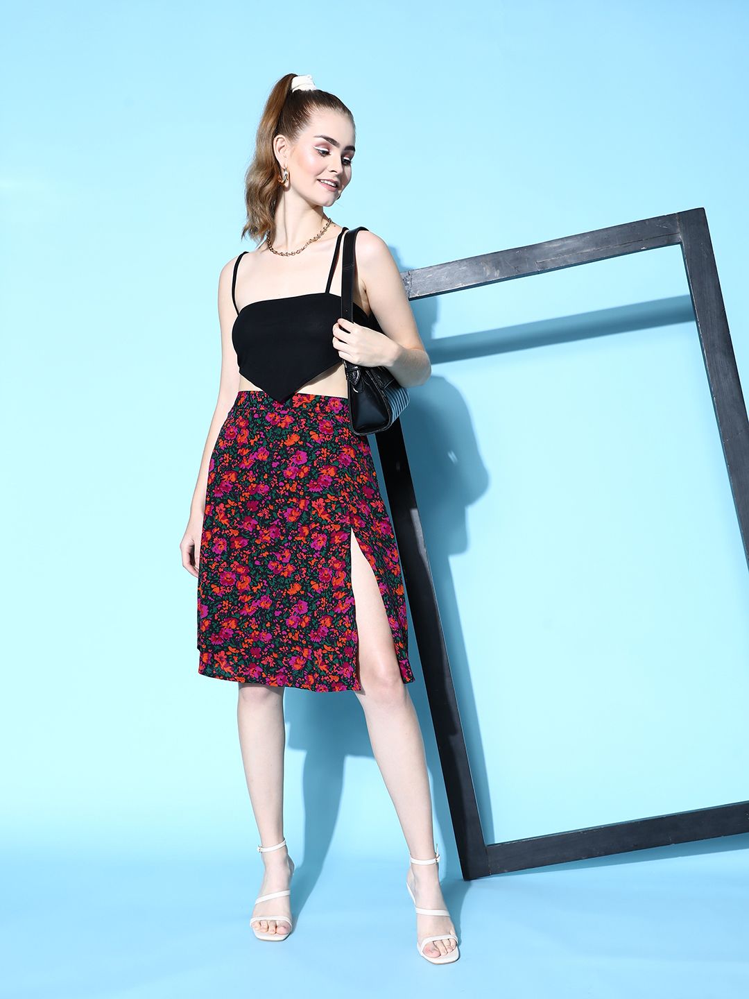 Berrylush Black Floral Peekaboo Slit Skirt